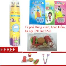 Bút chì cốc 18 màu sắc tặng kèm bộ sách tập tô màu cùng bộ tẩy đồ ăn và đôi bút chì khúc đầu xúc xắc