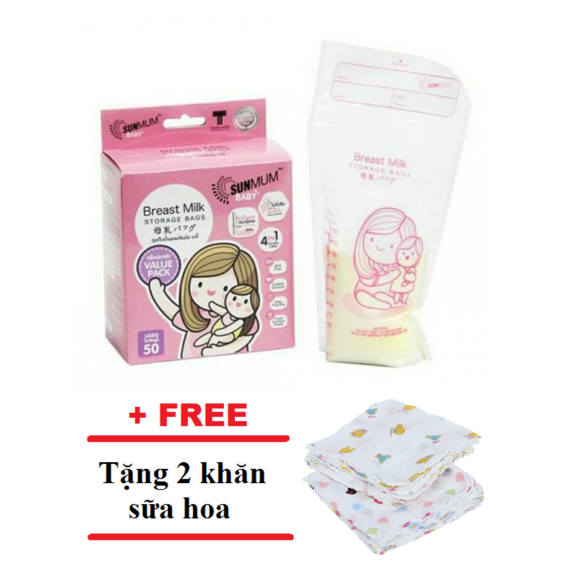 Hộp 50 túi trữ sữa SunMum Thái Lan + Tặng 2 khăn sữa hoa