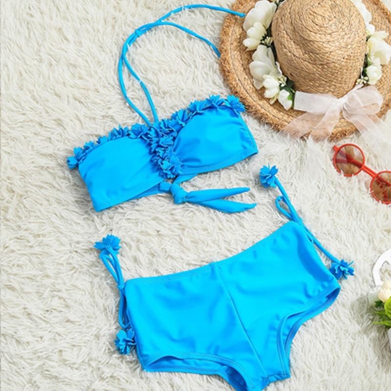 Nơi bán Summer Children Swimwear Girls Lovely Halter Lace Bikini Swimsuit (Blue) - intl