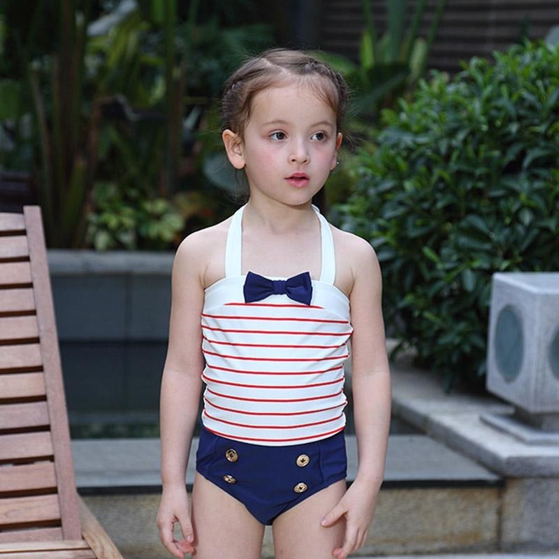 Nơi bán Summer Children Swimwear Girls Navy Style Bandage Sling-Piece Swimsuit With Hat (White) - intl