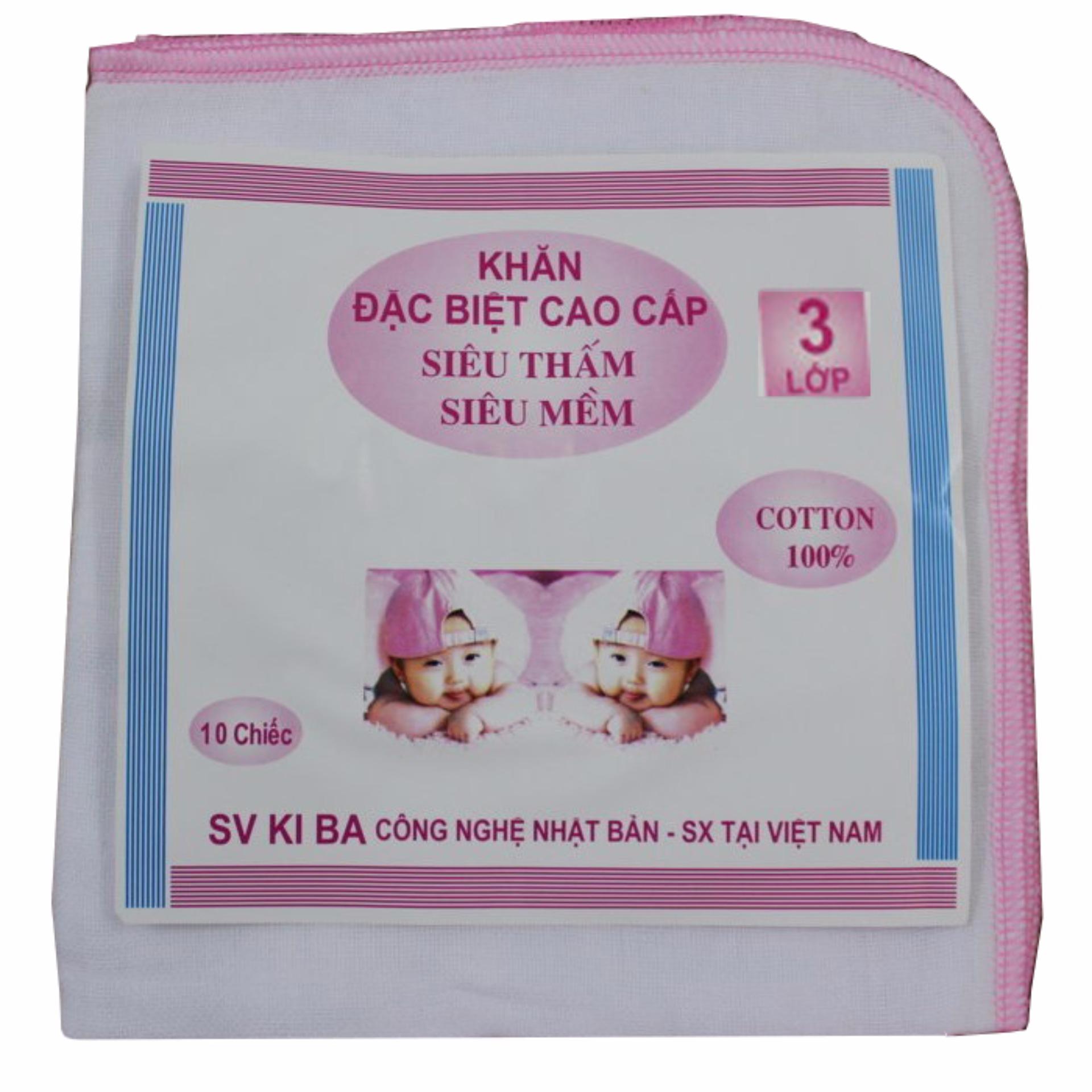 Túi 10 Khăn sữa KiBa 3 lớp 100% cotton siêu mềm (Kích thước 26 x 32 cm)