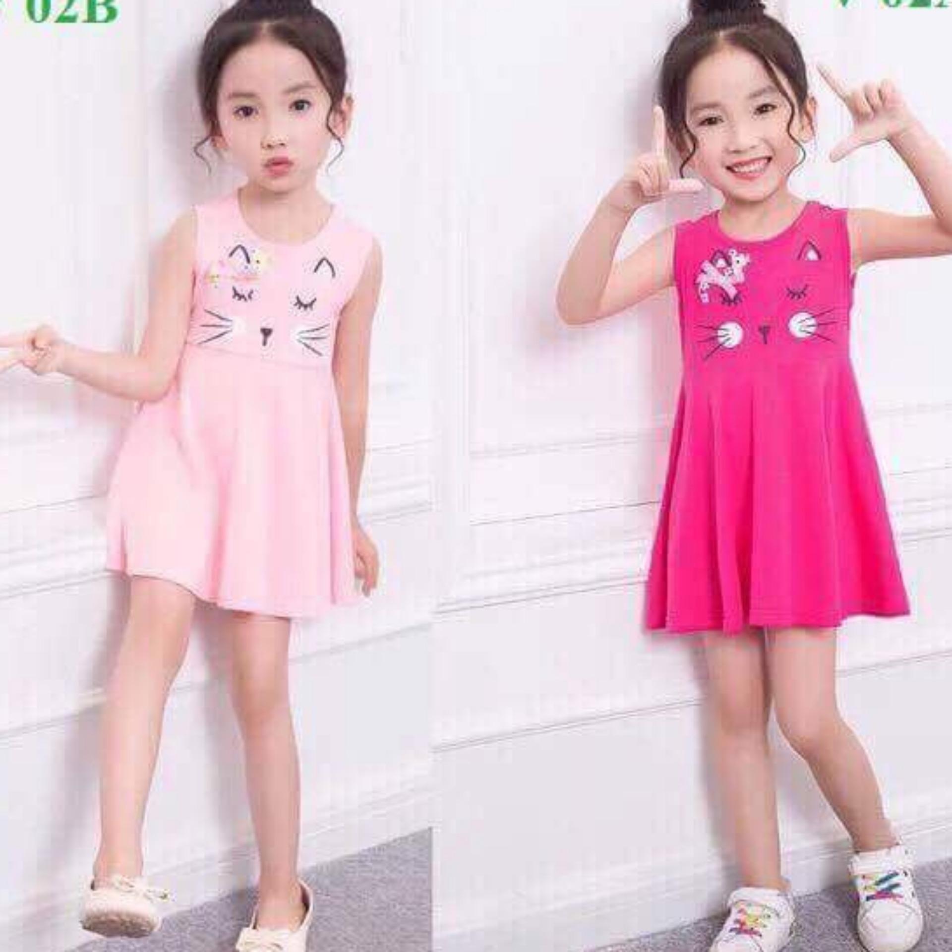Váy cotton sát nách hình mèo hồng cho bé gái từ 8kg đến 28kg