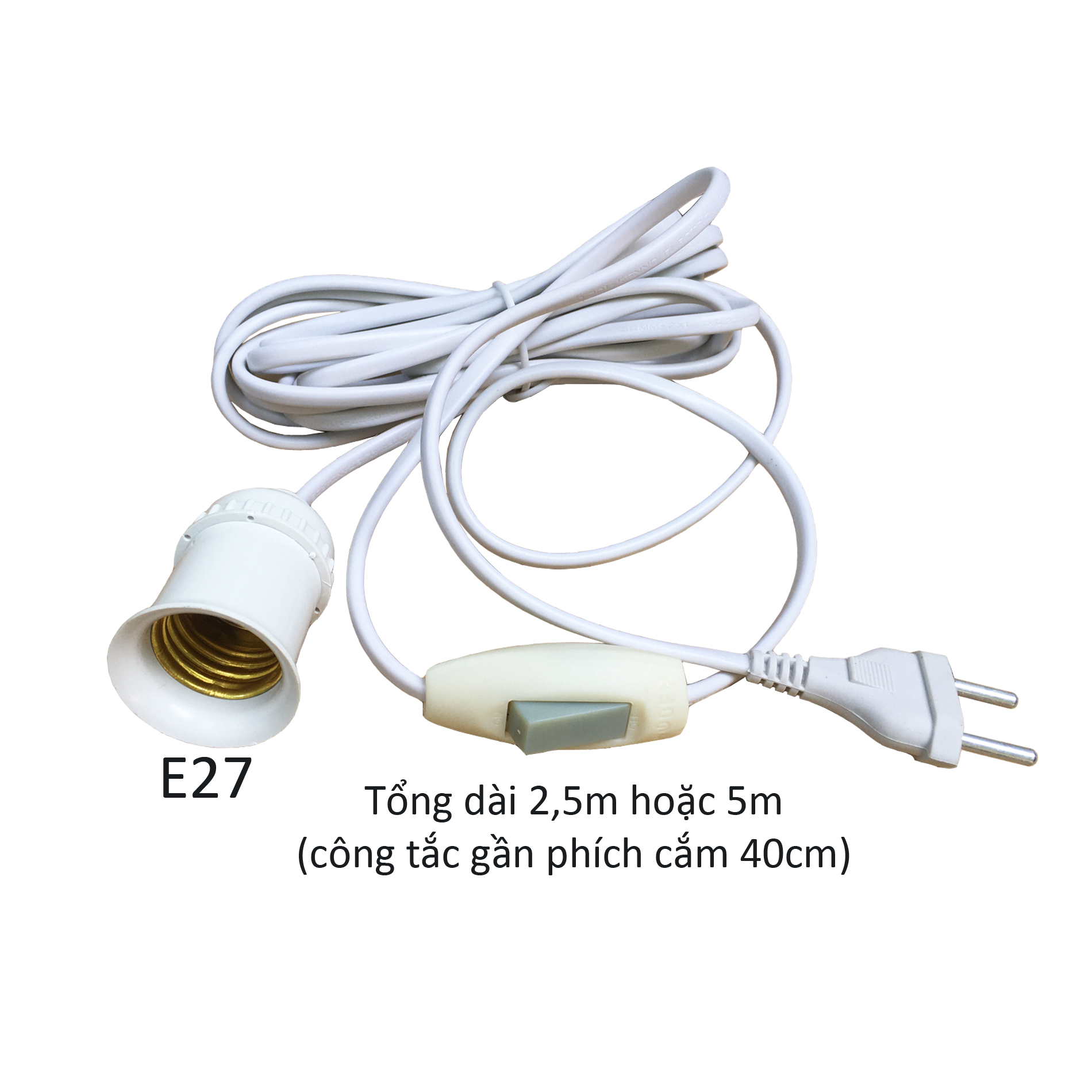 Đui chuôi đèn E27 liền dây điện có công tắc và phích cắm dài 2,5m 5m đuôi xoáy fi27mm Posson...