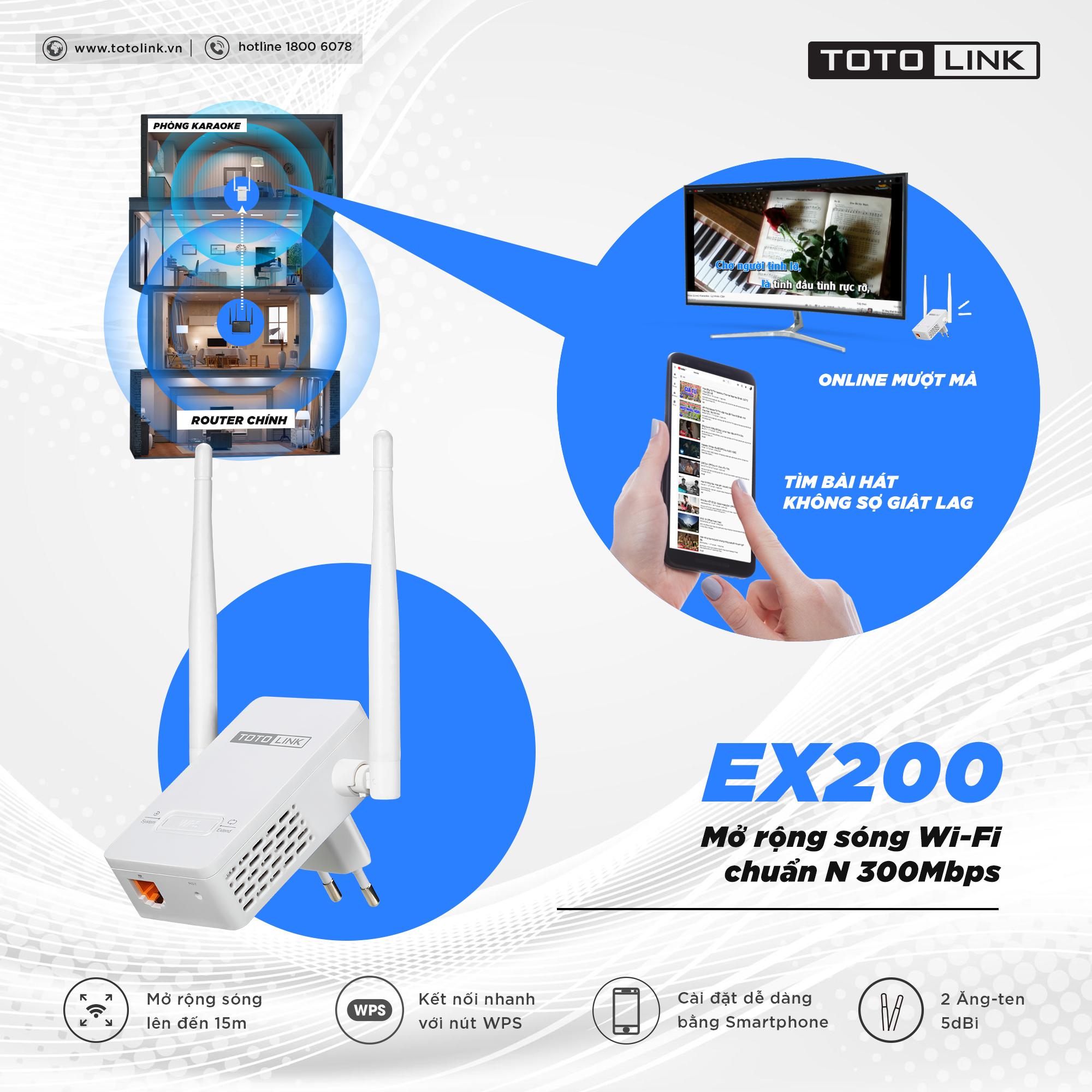 Thiết bị mở rộng sóng WiFi TOTOLINK EX200-V2 nhỏ gọn hiện đại chuẩn N 300Mbps - Hãng phân phối chính...