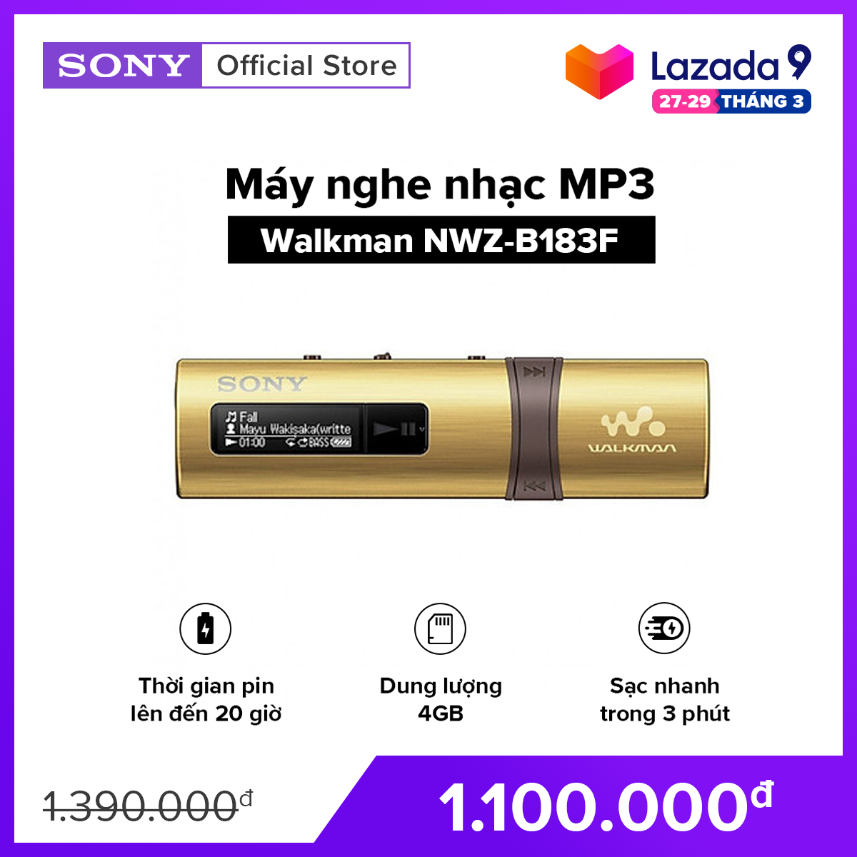 [VOUCHER 90K – HÀNG CHÍNH HÃNG] MÁY NGHE NHAC MP3 Walkman tích hợp USB NWZ-B183F Dung lượng 4GB cho khoảng 900 bài hát Thời gian sử dụng pin lên đến 20 giờ Sạc nhanh trong 3 phút