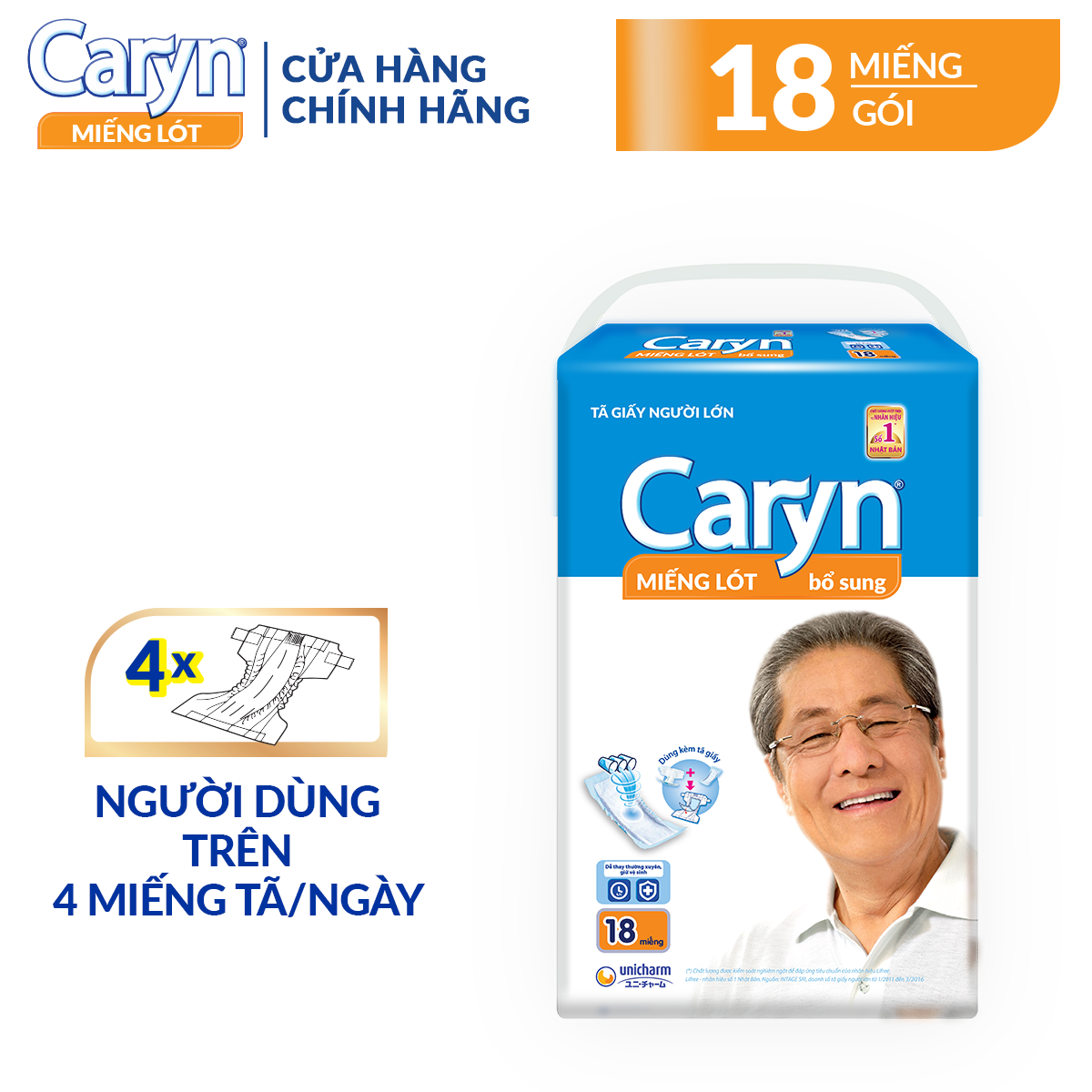 Miếng lót bổ sung Caryn 18 miếng cho người lớn (dùng trên 4 miếng/ngày), với công nghệ nano bạc kháng khuẩn ngăn ngừa vi khuẩn và kiểm soát mùi hiệu quả