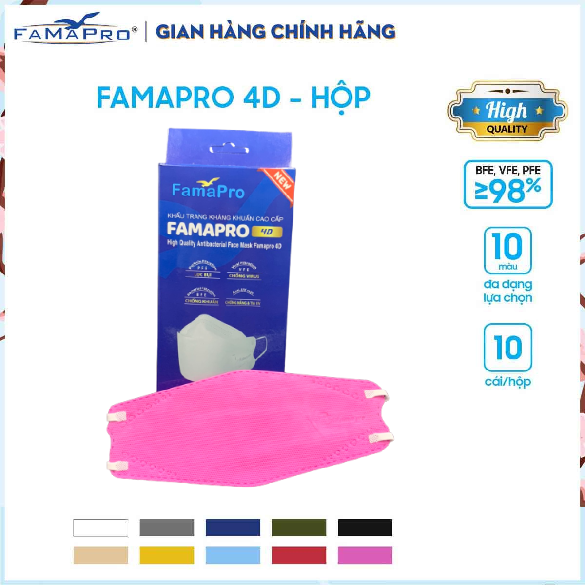 Khẩu trang y tế cao cấp kháng khuẩn 3 lớp Famapro 4D KF94 DẠNG HỘP (10 cái / Hộp)