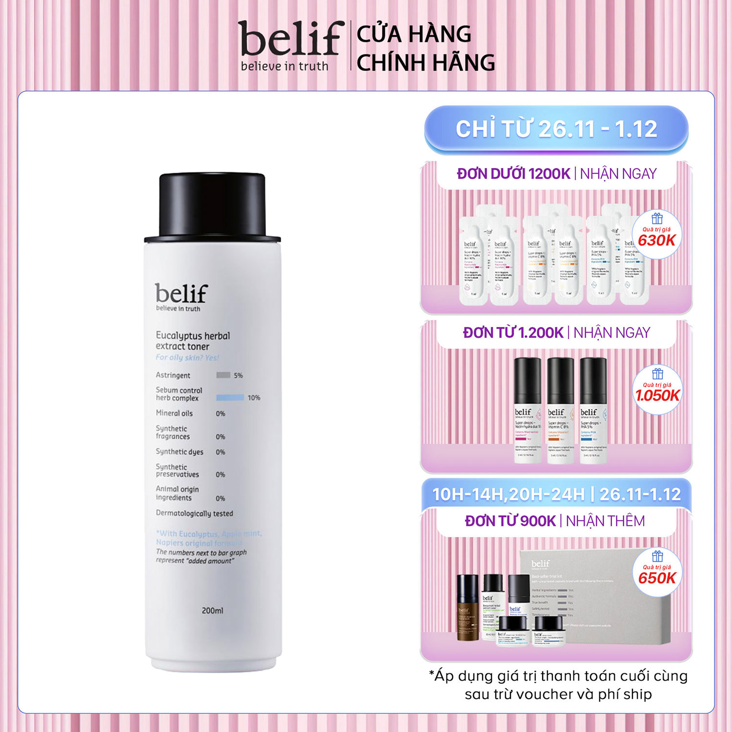 Nước cân bằng khuynh diệp ngăn ngừa mụn cho da dầu Belif Eucalyptus Herbal Extract Toner 200ml