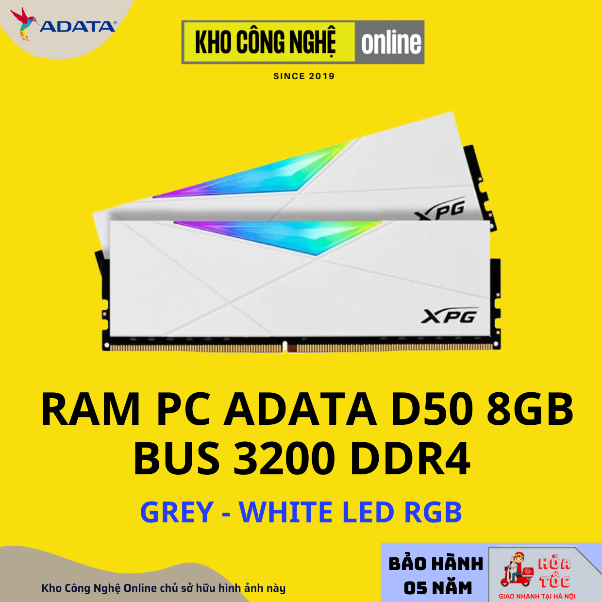 Ram Adata D50 DDR4 XPG SPECTRIX RGB 8GB Bus 3200MHz WHITE/GREY – Hàng Chính hãng