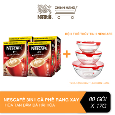 [Tặng bộ 3 thố thuỷ tinh Nescafé] Combo 4 hộp Nescafé 3in1 cà phê rang xay hòa tan đậm đà hài hòa (Hộp 20 gói x 17g)