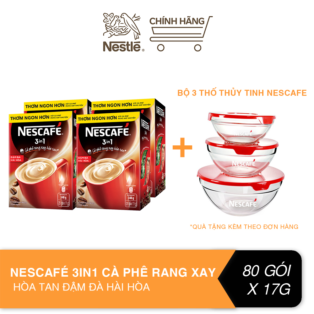 [Tặng bộ 3 thố thuỷ tinh Nescafé] Combo 4 hộp Nescafé 3in1 cà phê rang xay hòa tan đậm đà...