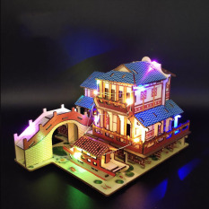 Đồ chơi lắp ráp gỗ 3D Mô hình Nhà cổ Laser BZQ-054 kèm đèn LED