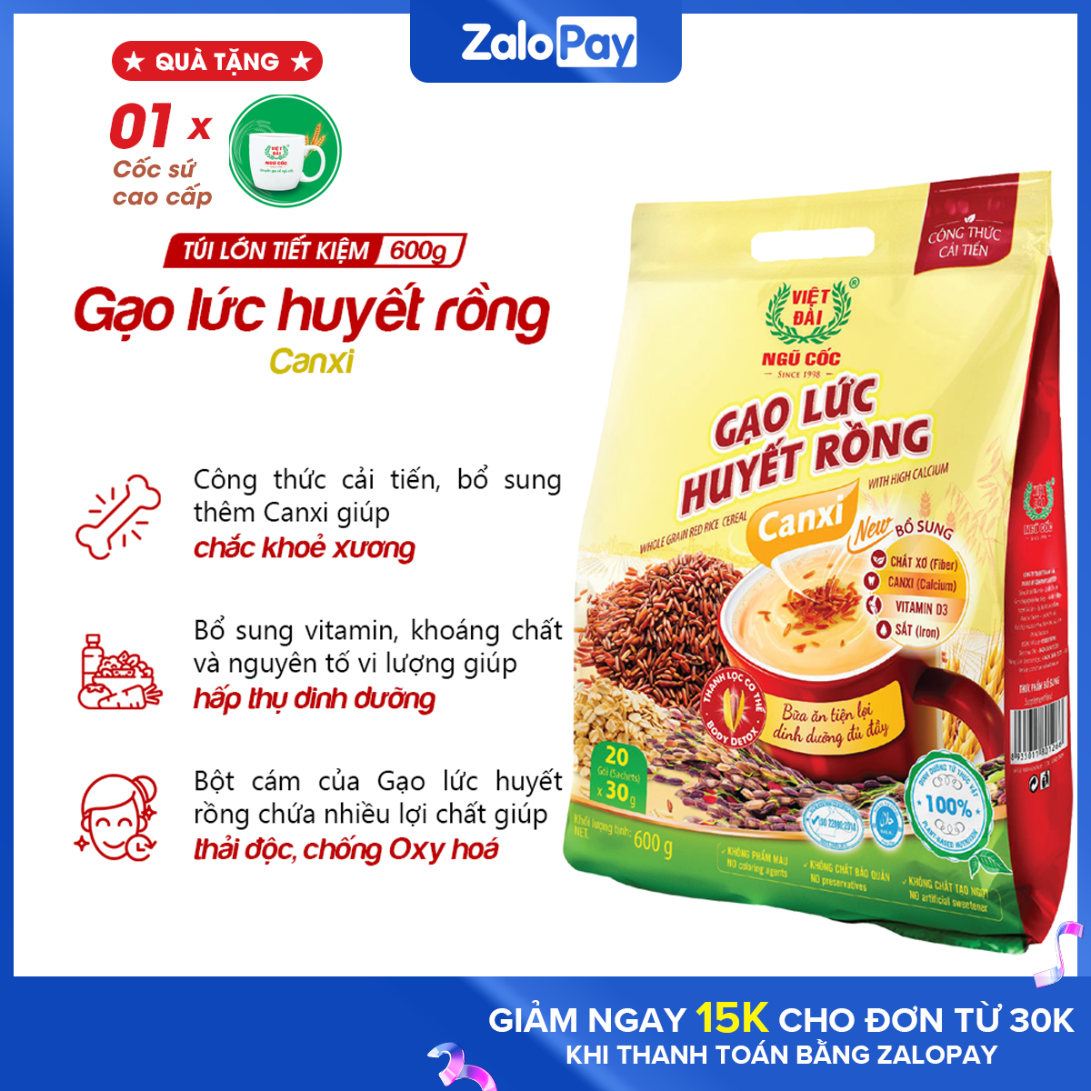 Bột ngũ cốc Gạo lức huyết rồng Canxi Việt Đài túi 600g (công thức cải tiến) – Tặng cốc sứ cao cấp