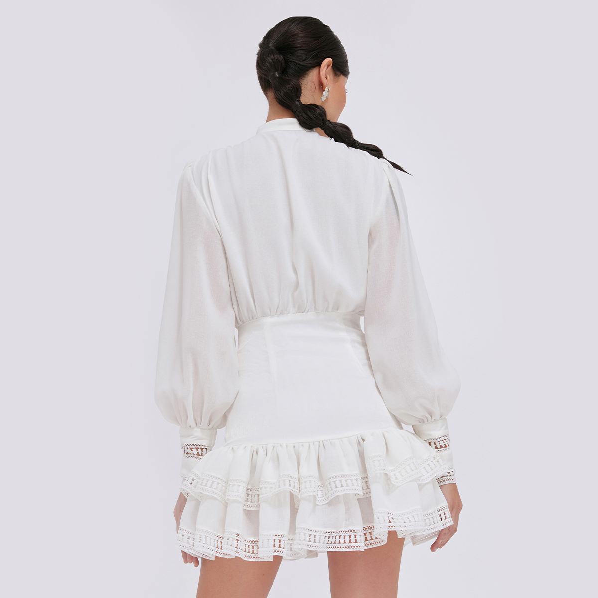 DEAR JOSÉ - Đầm ngắn kiểu nữ tay dài phối ren Misty vải linen trắng