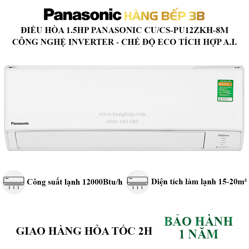 Máy lạnh Panasonic Inverter 1.5 HP CU/CS-PU12ZKH-8M – Mẫu mới năm 2023 – Hàng Bếp 3B