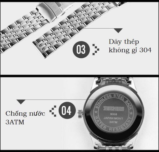 Đồng hồ nam dây thép không gỉ Skmei 9058 chống nước 30m máy chạy 3 kim,hiển thị lịch ngày tự...