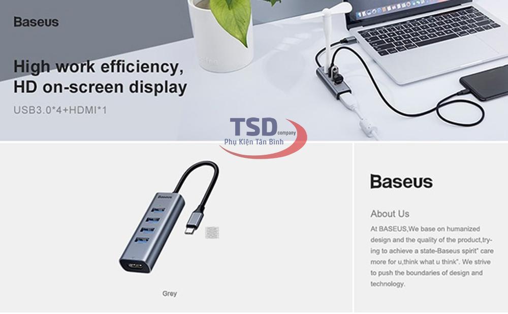 Hub Chuyển Type C to USB 3.0 và HDMI Baseus Enjoy Series (Type C to USB 3.0 x4 Ports +...
