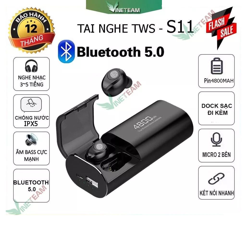 Tai nghe bluetooth không dây TWS S11pin 4800mah siêu trâu có micro chống ồn, chống nước, bass mạnh, giảm tạp...