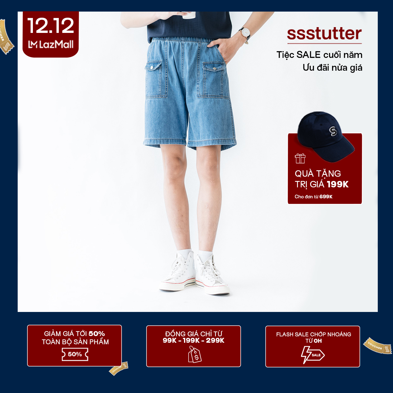 Quần đùi nam dáng rộng SSSTUTTER chất denim mềm thiết kế cạp chun thoải mái meld shorts