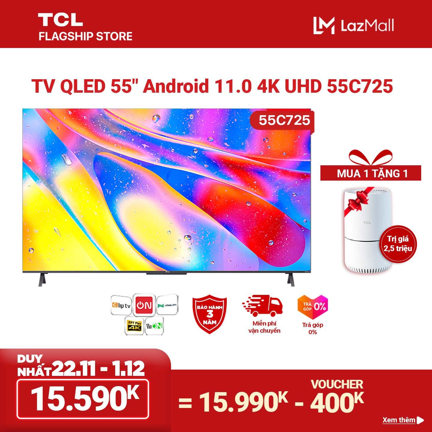 TV QLED 55'' 4K Android 11 Tivi TCL 55C725 - Gam Màu Rộng , HDR 10+, MEMC , Dolby Audio...