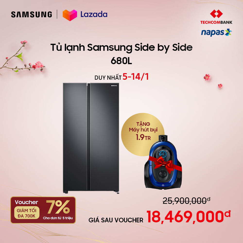 [Voucher 7% tối đa 700k] [TRẢ GÓP 0%] Tủ lạnh Samsung Side by Side 680L (RS62R5001B4SV) | Giao quà sau Tết