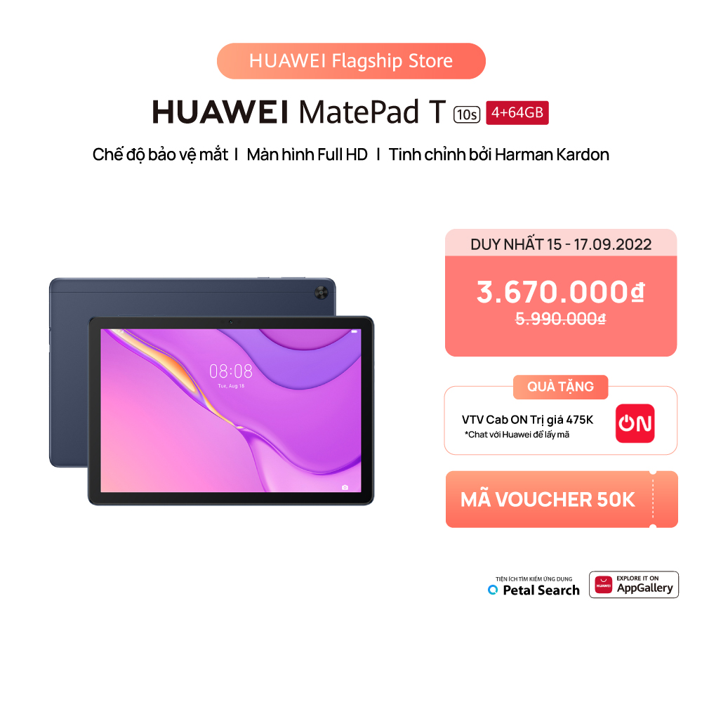 [LAZBONUS tới 800K] TRẢ GÓP 0% Máy tính bảng Huawei MatePad T10s (3GB/64GB) Màn hình Full HD Chế độ bảo...