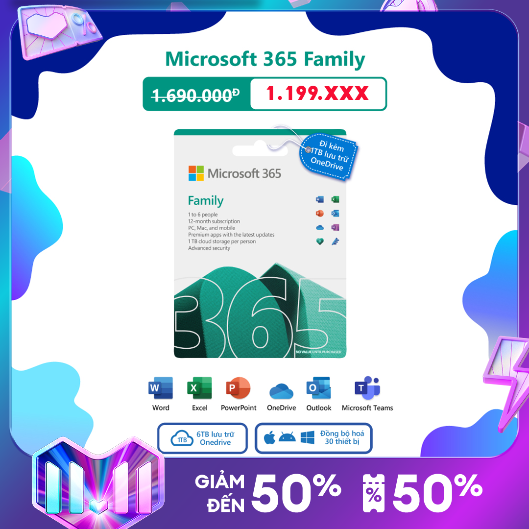 [Voucher giảm 111k đơn 800K] Phần mềm Microsoft 365 Family | 12 tháng | Dành cho 6 người| 5 thiết bị/người | Trọn bộ ứng dụng Office | 1TB lưu trữ OneDrive