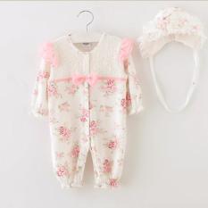 Bộ áo liền quần Công Chúa Nhỏ Hoa Hồng Fullmonth nền trắng kèm nón hàng cao cấp cho bé cưng 0-12 tháng