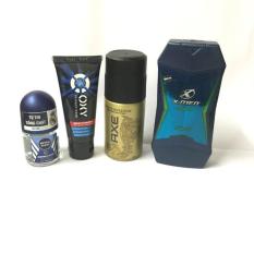 Trọn bộ dành cho nam giới 4 món gồm: 1 Chai dầu gội Xmen nước hoa sạch gàu thơm mát 70g/Chai + 1 Chai xịt khử mùi Axe vàng hoặc đen 50ml/Chai hoặc Xmen 40ml + 1 Chai lăn khử mùi Nivea for men 12ml/chai + Tặng 1 Tuýp rửa mặt Oxy 25g/tuýp