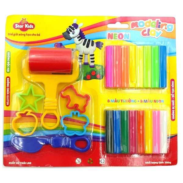 Đất nặn Rstar 200g 16 màu và 6 dụng cụ K-200/16C/6T, chất liệu và thiết kế an toàn cho trẻ,...