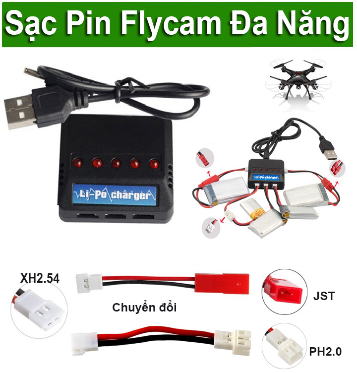 Sạc Pin Flycam Đa Năng Lithium HJ R / C 3.7 V Cho Mọi Chân Sạc (Tặng 2 Dây Chuyển...