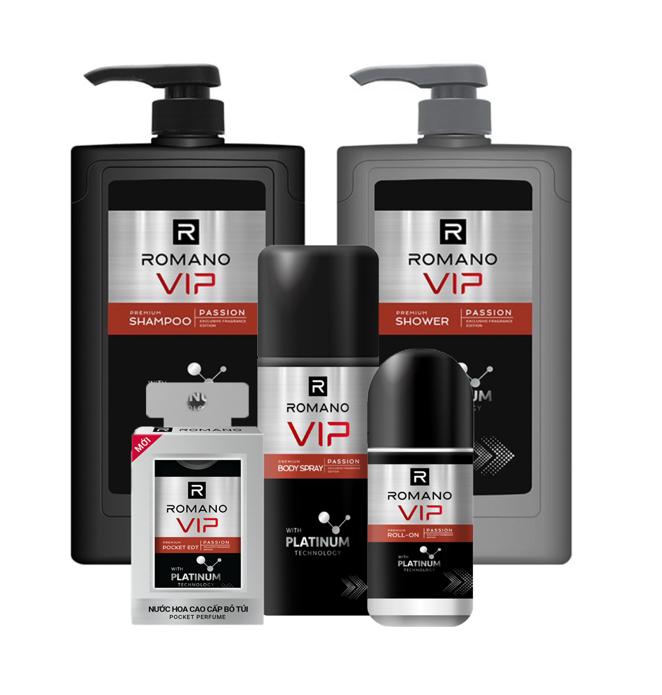 Bộ Romano Vip Passion Platinum5 sản phẩm : Dầu Gội 650ml, Sữa Tắm 650ml, Xịt khử mùi 150ml, Lăn khử mùi 50ml, nước hoa bỏ túi 18ml