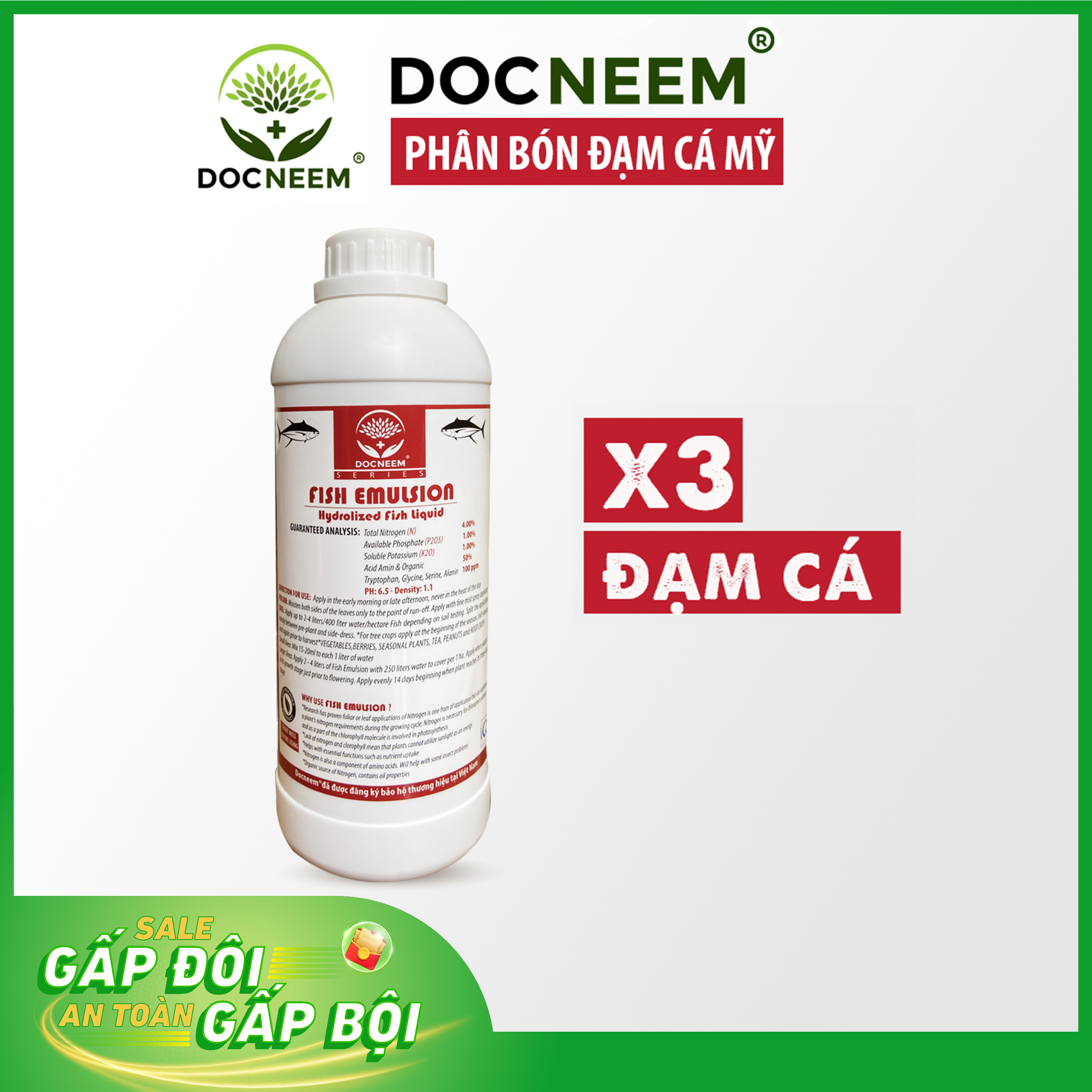 Phân đạm cá Docneem, phân cá Fish Emulsion (1 lít) hữu cơ cho hoa hồng, rau sạch, hoa, cây cảnh...