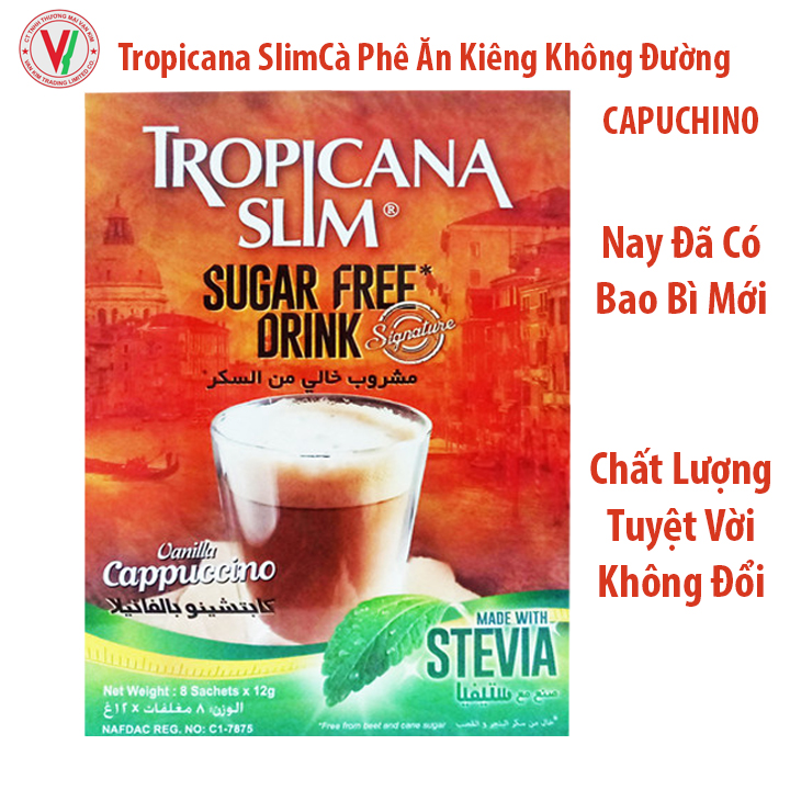 [HCM]Cà phê ăn kiêng không đường chiết xuất từ lá cỏ ngọt Tropicana Slim Capuccino 96g (8 x 12g) -...