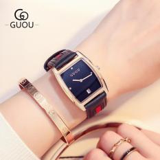 Đồng Hồ Nữ GUOU 8074 Dây Da Phối Vải Tinh Tế Mặt Chữ Nhật Quả Trám 2 Kim Lịch Ngày Độc Đáo