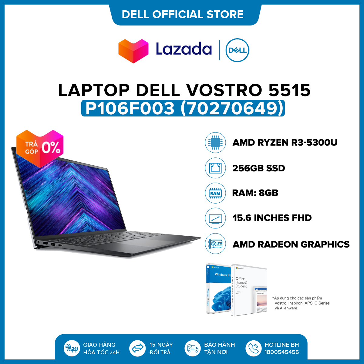 Laptop Dell Vostro 5515 15.6 inches FHD (AMD Ryzen R3-5300U / 8GB / 256GB SSD / AMD Radeon Graphics / McAfeeMDS / Office Home & Student 2021 / Windows 11 / Finger Print) l Grey l P106F003 (70270649)