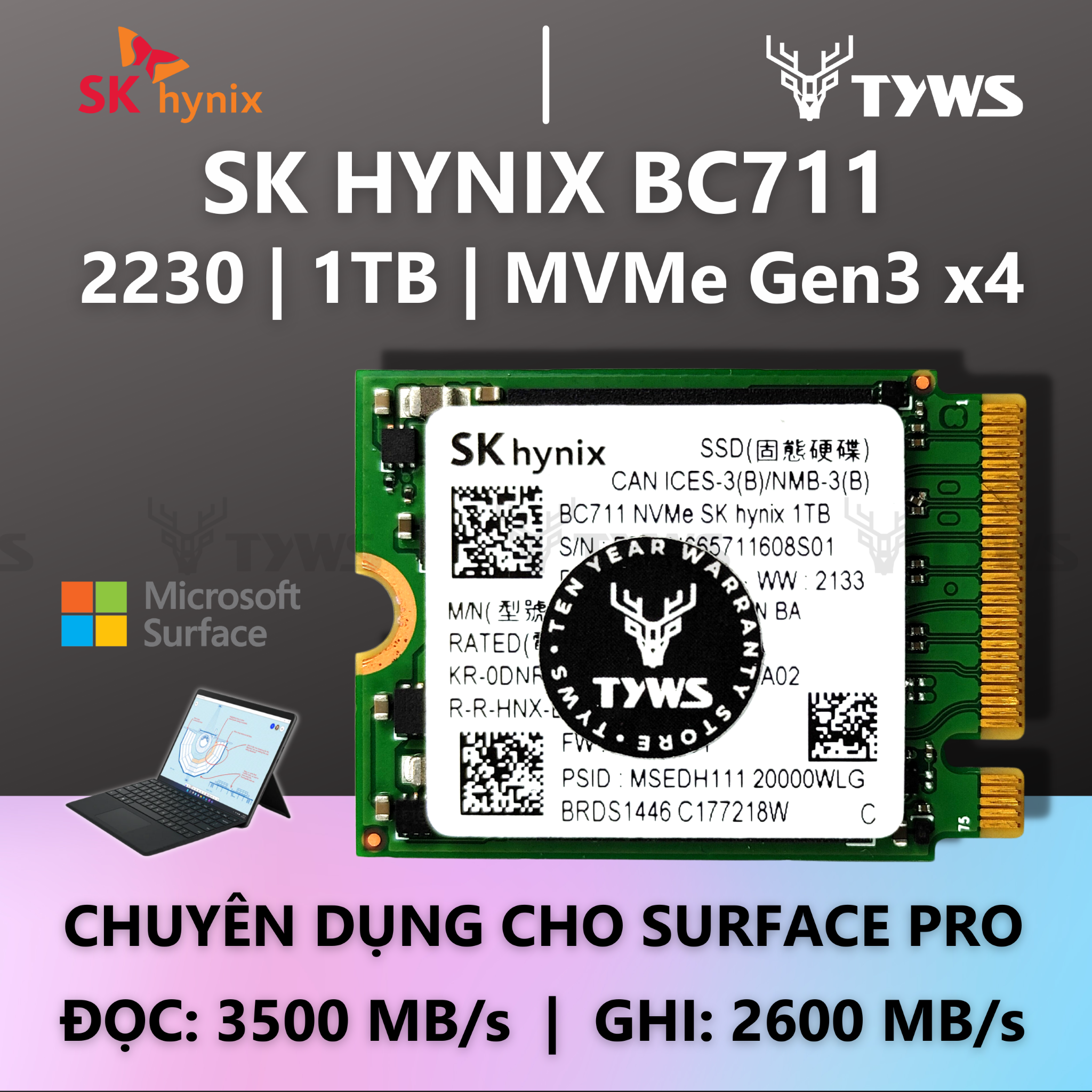 [NVMe 2230 1TB] Ổ Cứng SSD Surface Pro/Laptop SK Hynix BC711 NVMe Gen3 x4 BC7111TB2230