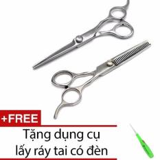 Bộ 2 kéo cắt và tỉa tóc có hộp đựng + Tặng dụng cụ lấy ráy tai có đèn