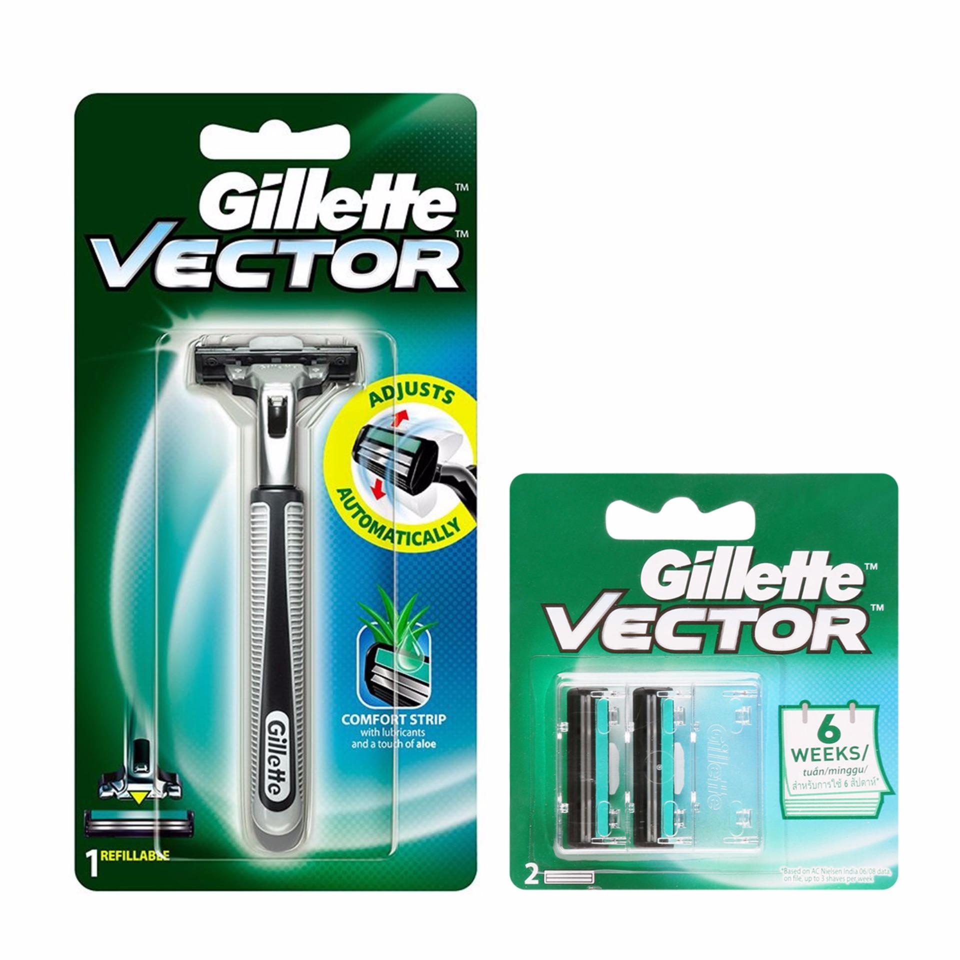 Bộ dao cạo râu 2 lưỡi kép Gillette Vector và vỉ 2 lưỡi dao kép