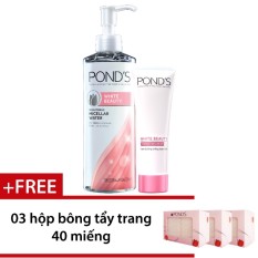 Bảng Báo Giá Bộ POND’S White Beauty gồm nước tẩy trang làm sáng da 235ml và kem dưỡng trắng toàn diện 25g + Tặng 3 hộp bông tẩy trang Pond’s  