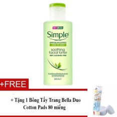 Nước Hoa Hồng Không Cồn Dành Cho Da Nhạy Cảm, Dễ Nổi Mụn Simple Kind To Skin Soothing Facial Toner 200ml + Tặng 1 Bông tẩy trang Bella Duo Cotton 80 Cotton Pads