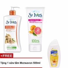 Hộp quà tặng St.Ives 1 sữa dưỡng thể St.Ives Yến Mạch Và Bơ Shea 621ml + 1 sữa rửa mặt Tẩy Tế Bào Chết St.Ives Cam Chanh 170g + tặng 1 sữa tắm Monsavon 500ml