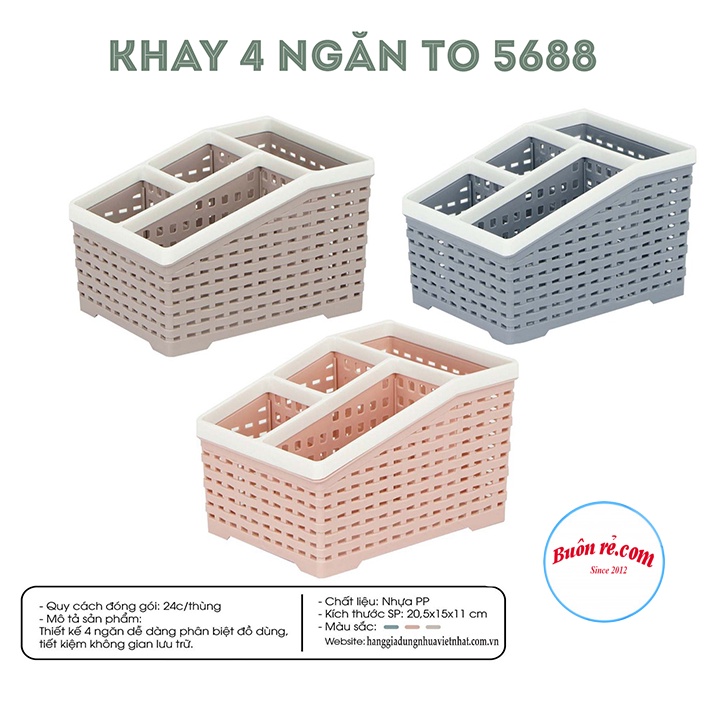 Khay nhựa tiện ích 4 ngăn Việt Nhật 2 size (5696/5688), khay 4 ngăn để bàn đựng bút, đồ dùng...