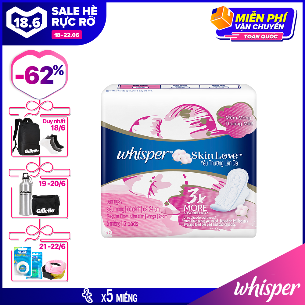 Băng vệ sinh Whisper Skin love mặt bông siêu mỏng cánh ban ngày (24cm)