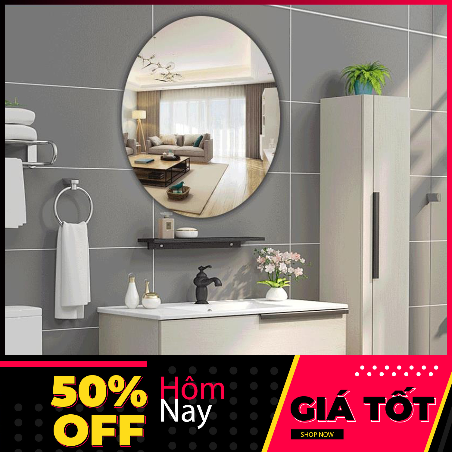 Gương Dán Tường 3D Hình Bầu Dục Decal Dán Tường , Gương Dẻo Dán Tường Tự Dính Tường Cho Phòng...