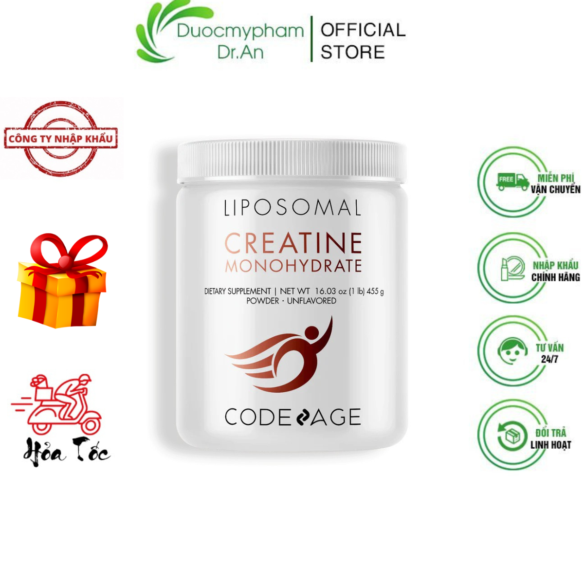 Bột uống Code Age Liposomal Creatine Monohydrate tăng hiệu suất luyện tập cho nam nữ người lớn 455g – DuocmyphamDrAn