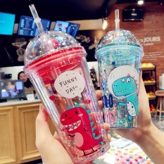 Ly Pha Lê 2 Lớp Cách Nhiệt Hình Khủng Long Siêu Xinh – Bình Đựng Nước, Trà Sữa Nhũ Kim Tuyến Tặng Kèm Ống Hút Loại Tốt Bảo Vệ Sức Khỏe