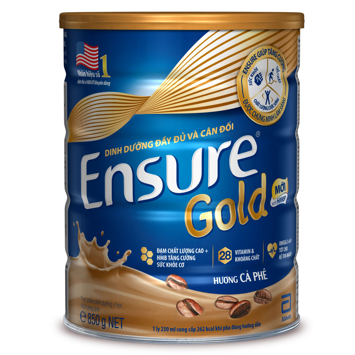 Lon Ensure Gold hương Cà phê 850g tặng 2 gói dùng thử
