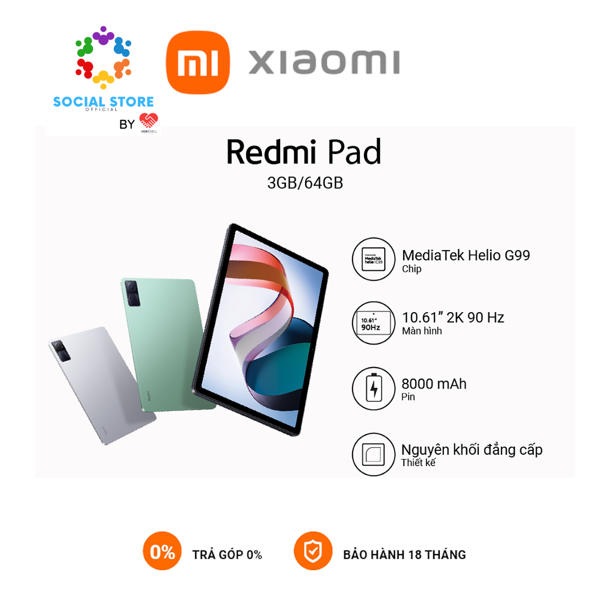 [Hàng mới về] Máy tính bảng Redmi Pad | MediaTek Helio G99 | Pin 8000 mAh Sạc nhanh 18W | Màn hình LCD 90Hz