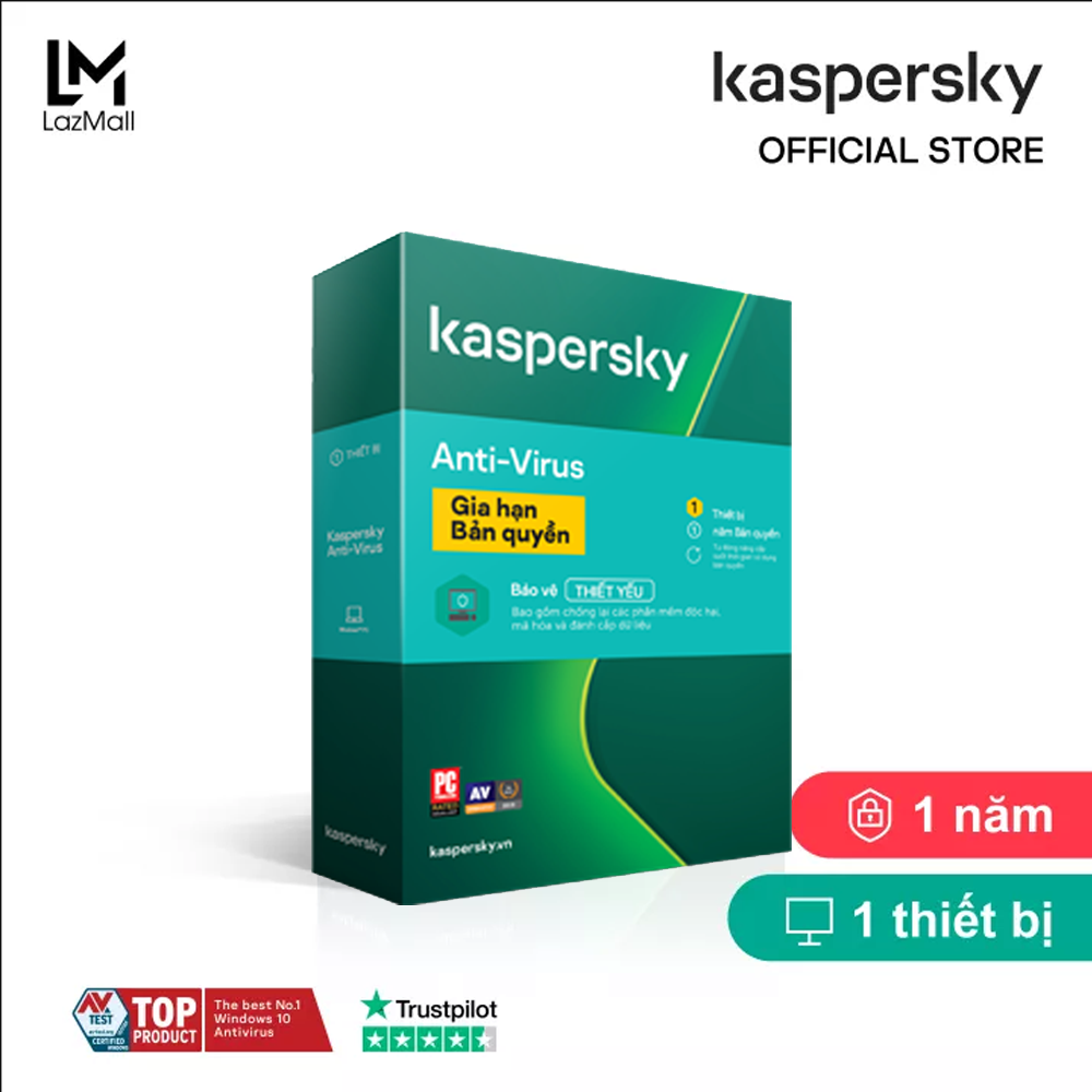 BOXRENEW Phần mềm diệt virus Kaspersky AntiVirus Gia Hạn 1 Thiết bị/Năm (BOXRENEW) – Hàng chính hàng (Dành cho khách hàng đã từng dùng)